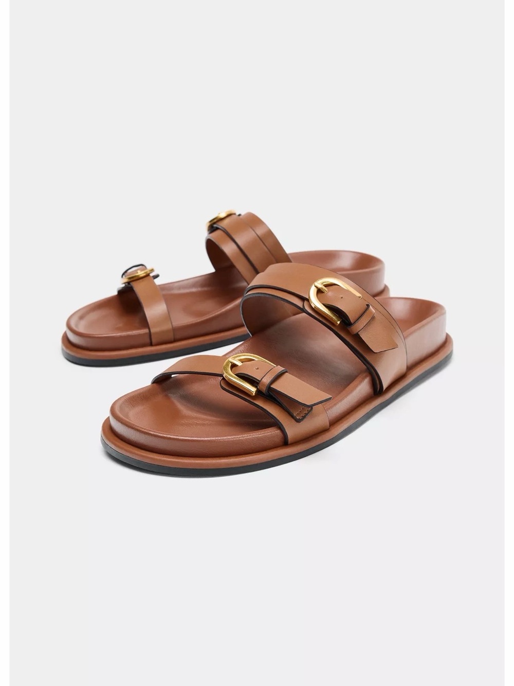 ✨Like New! ✨Leather Double-Strap Buckle Slide Sandals in Brown